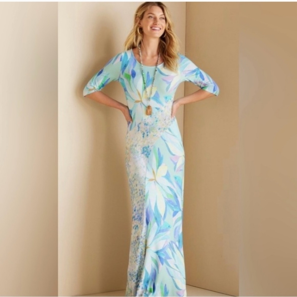 Soft Surroundings Stella Floral Maxi Dress in Painterly Blue and Green Sz Large